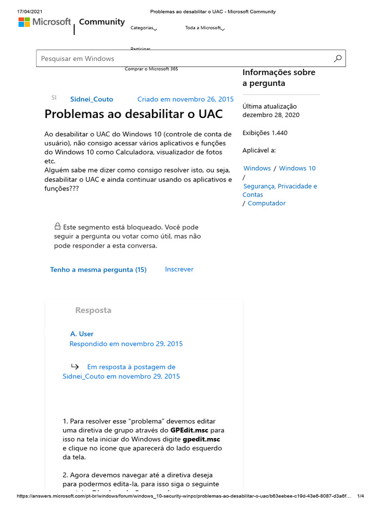 Problemas ao Desabilitar UAC no Windows 10 | PDF | Windows 7 | Windows 10