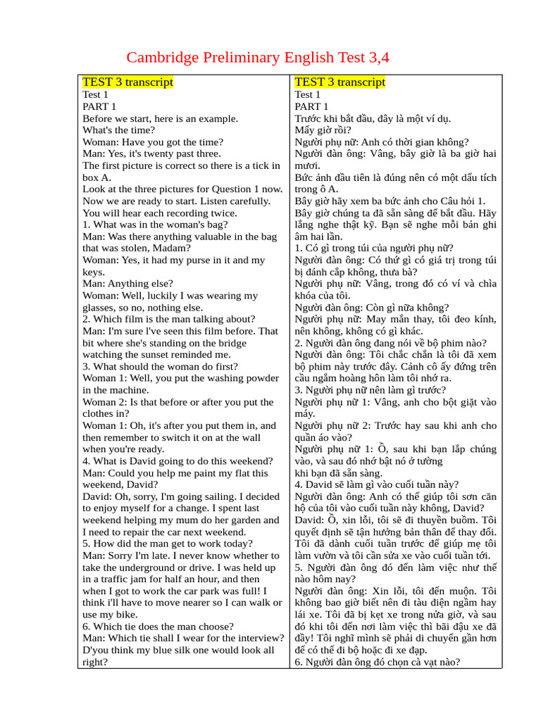 Cambridge Preliminary English Test 3,4 | PDF