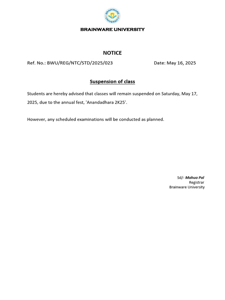 Student Notice 2025-05-16 Suspension of Class | PDF