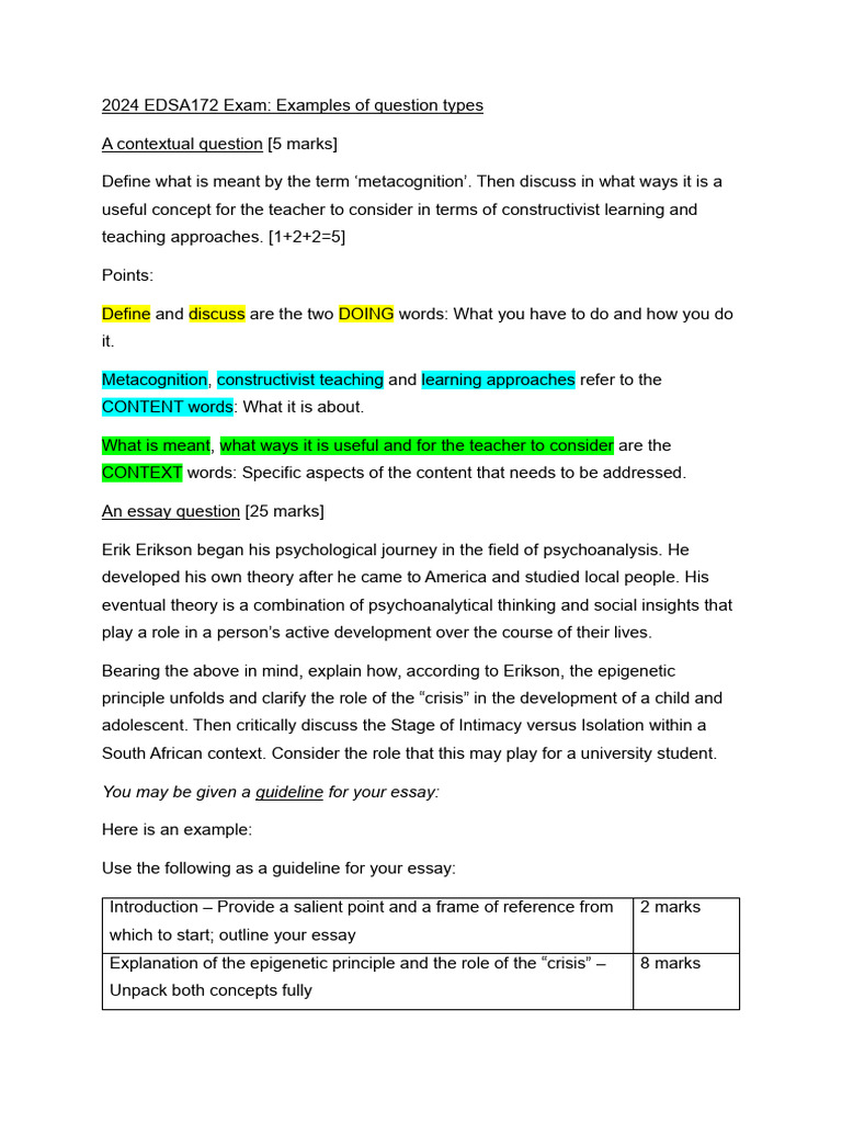 2024 EDSA172 Exam Question Types Guide | PDF | Psychoanalysis ...