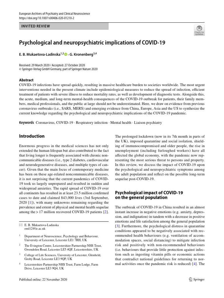 Psychological and Neuropsychiatric Implications of COVID 19 | PDF ...