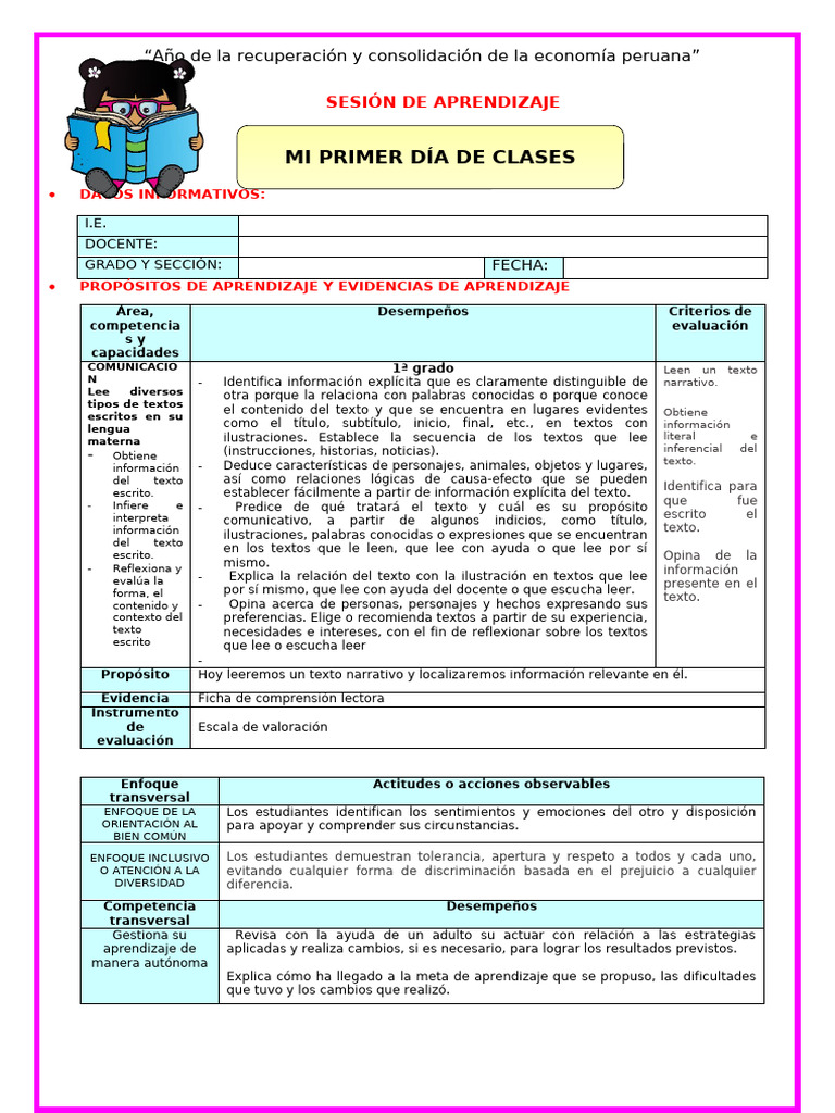 1º U0 s1 Sesion d3 Mi Primer Día de Clases | PDF | Aprendizaje ...