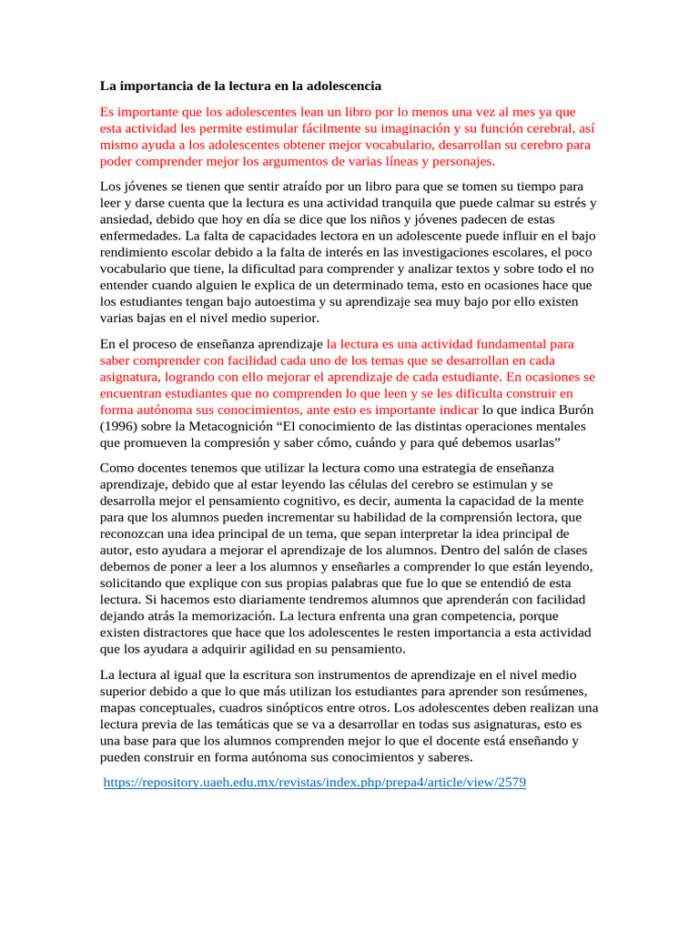 Importancia de la lectura en adolescentes | PDF | Aprendizaje | Cognición