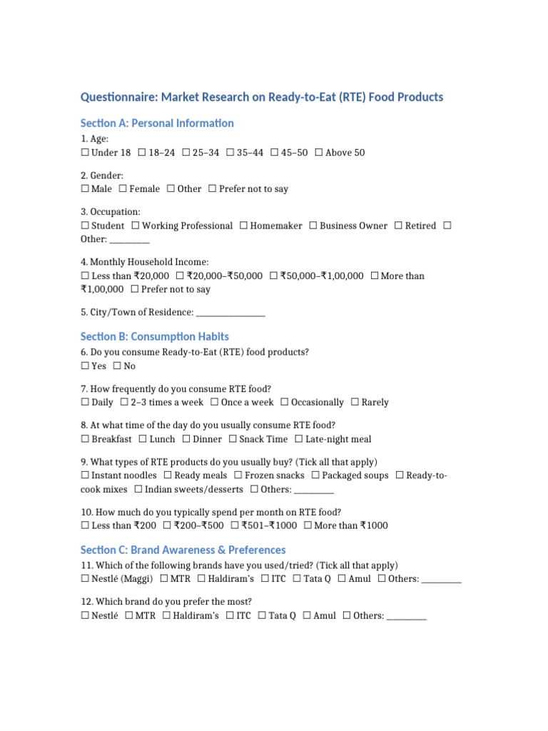 RTE Food Market Research Questionnaire | PDF | Meal | Lunch