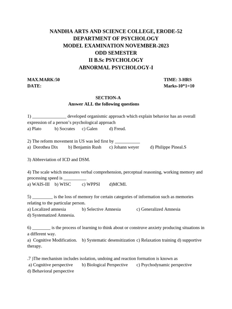 Abnormal Psychology Model Questionnaire | PDF | Mental Disorder | Headache