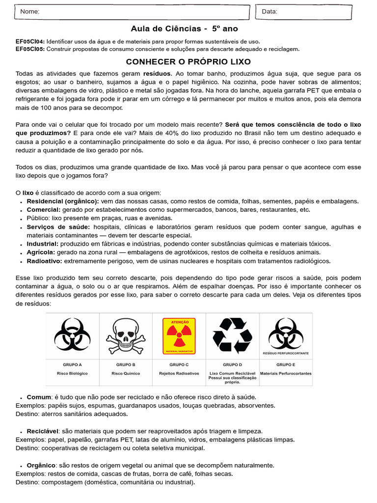 Aula - Ciências - Lixo, Como É Produzido e Como É Feito o Descarte ...