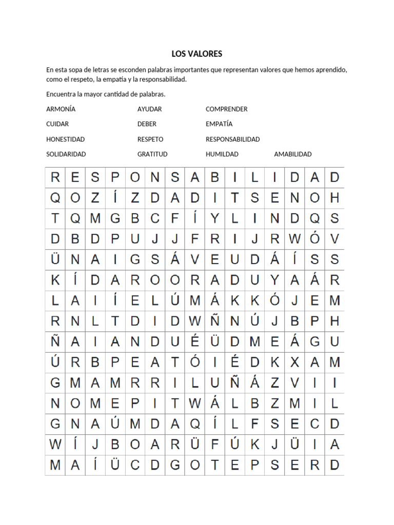 Sopa de Letras: Valores para Quinto Grado | PDF