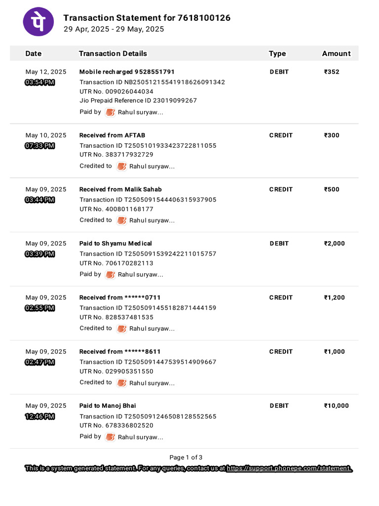 PhonePe Statement Apr2025 May2025 | PDF | Debit Card | Banking Technology