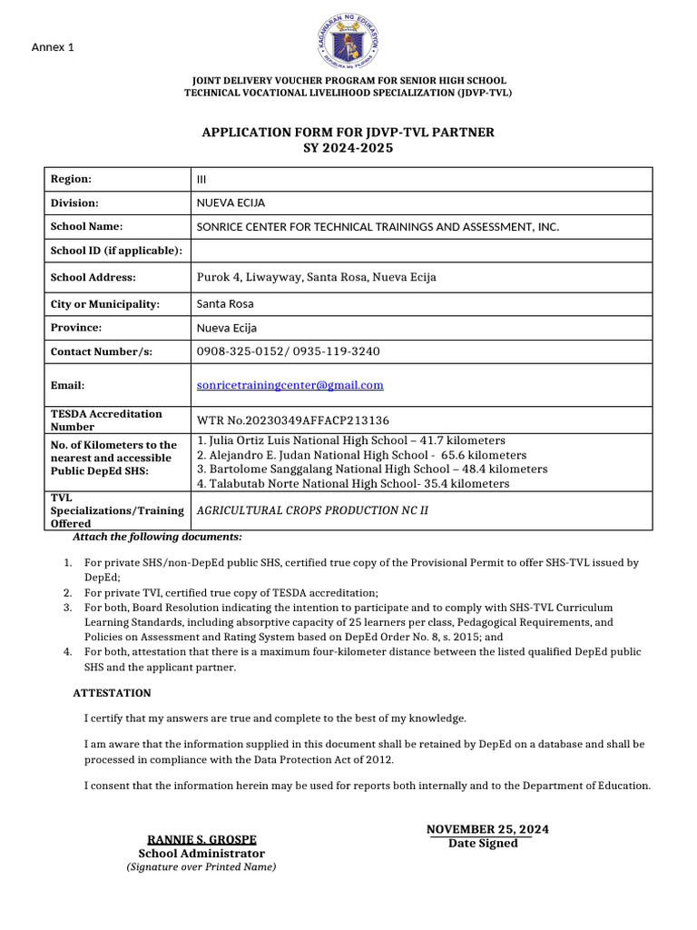 JDVP-TVL Application Form 2024-2025 | PDF