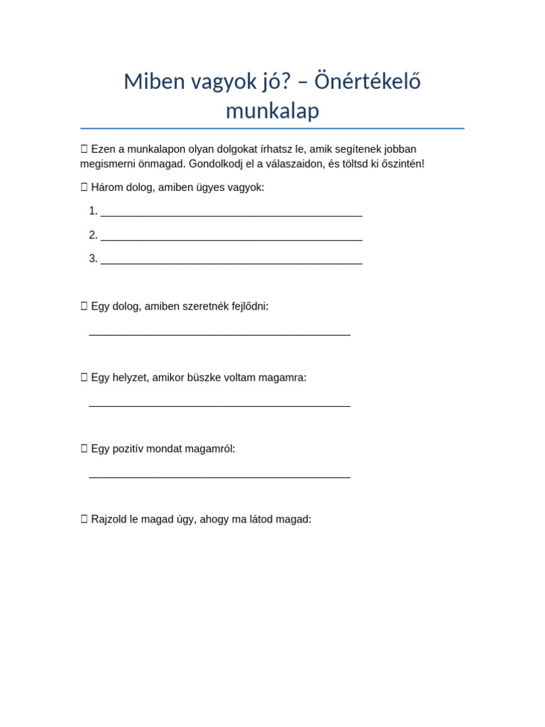 Miben Vagyok Jo Onertekelo Munkalap | PDF