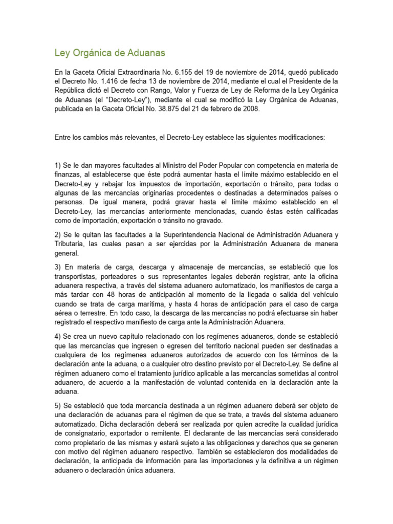 Modificaciones Ley Orgánica de Aduanas 2014 | PDF | aduana | Multa (pena)