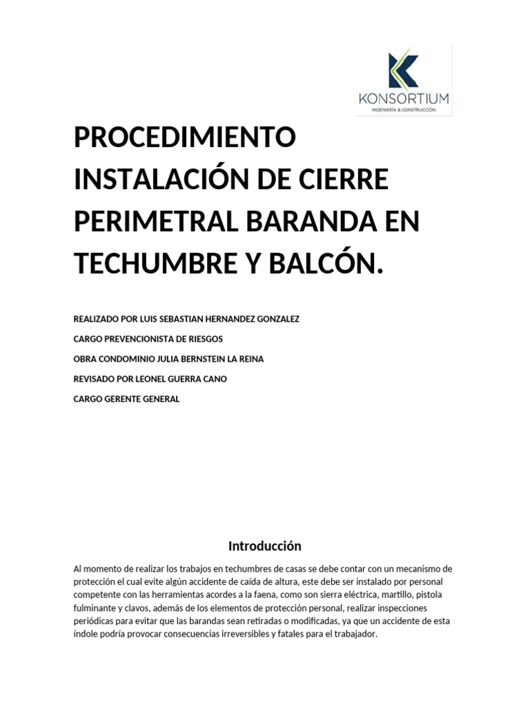 Procedimiento Instalación de Cierre Perimetral Baranda en Techumbre y ...