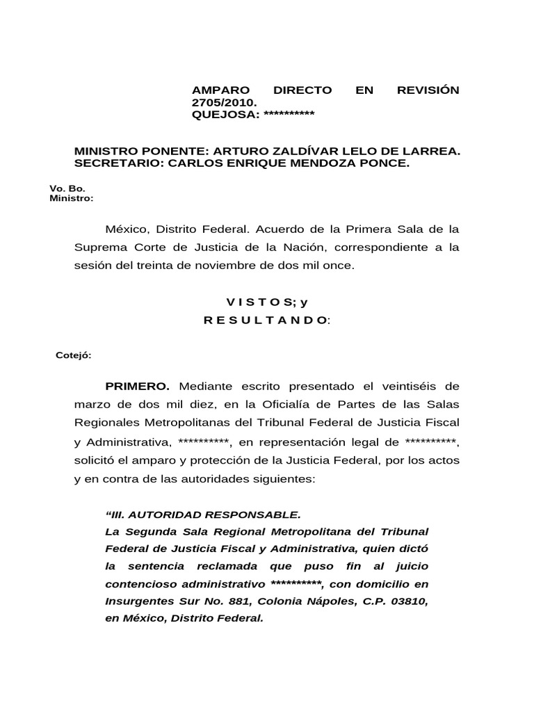 Amparo Directo en Revisión 2705/2010. QUEJOSA | PDF | Caso de ley ...