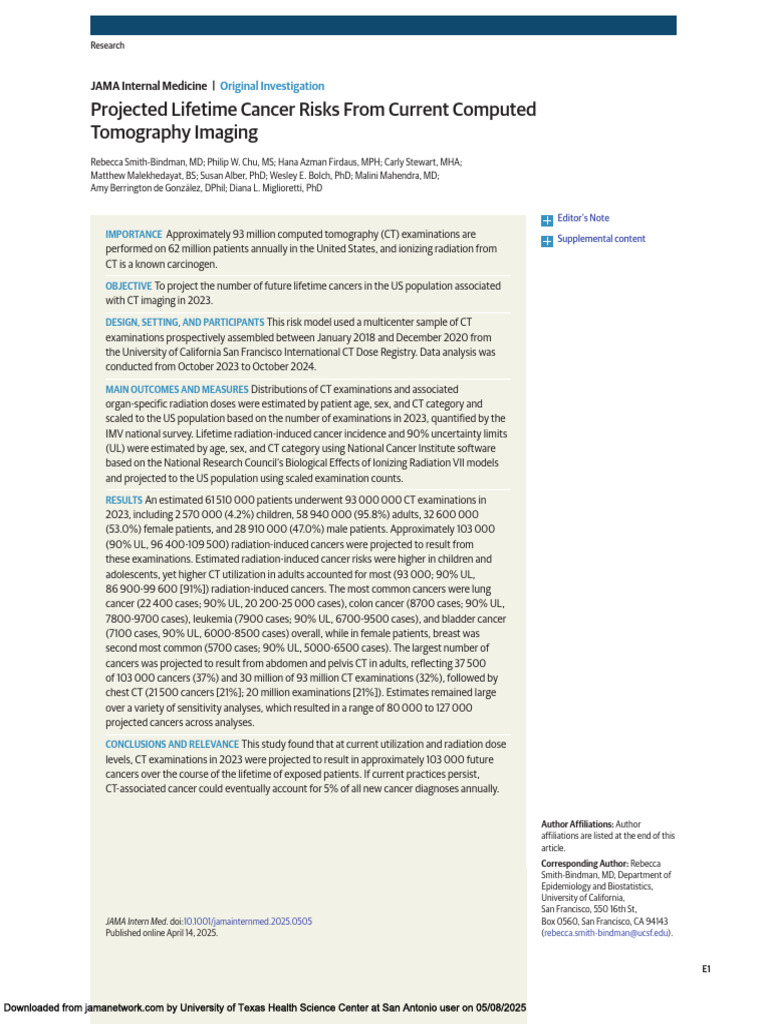 Lifetime Cancer Risks from CT Imaging | PDF | Ct Scan | Cancer