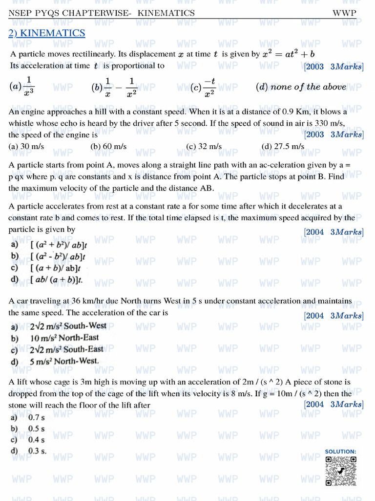 NSEP Kinematics PYQs 2003-2025 | PDF