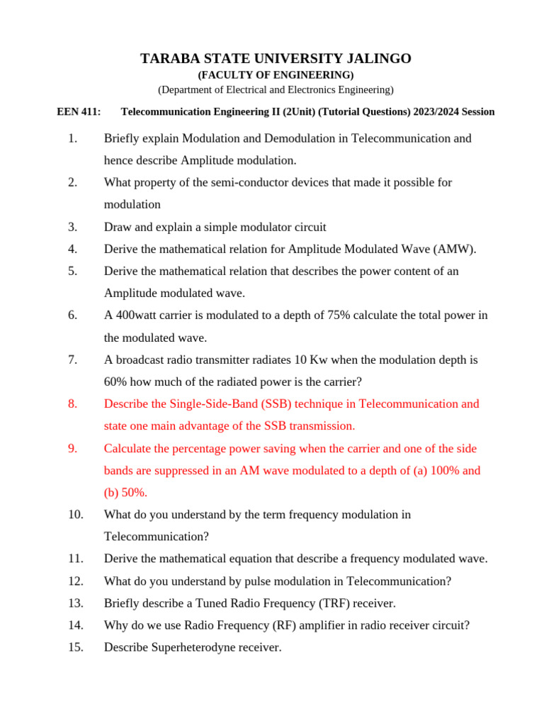 Telecommunication Engineering II Tutorial Questions | PDF | Modulation ...