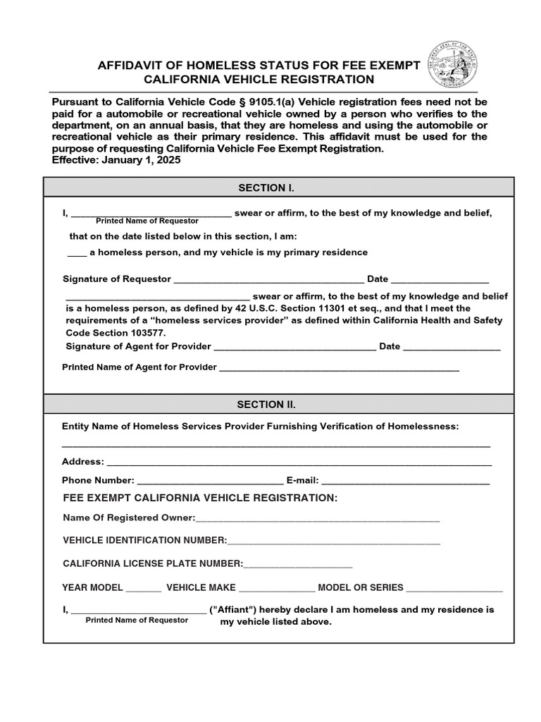 Homeless Status Affidavit for Vehicle Registration | PDF