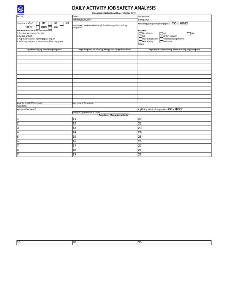Job Safety Analysis Form | PDF | Personal Protective Equipment | Safety