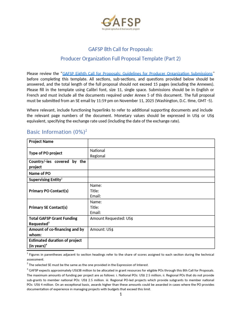 GAFSP 8th Call for Proposals Template | PDF | Risk | Budget