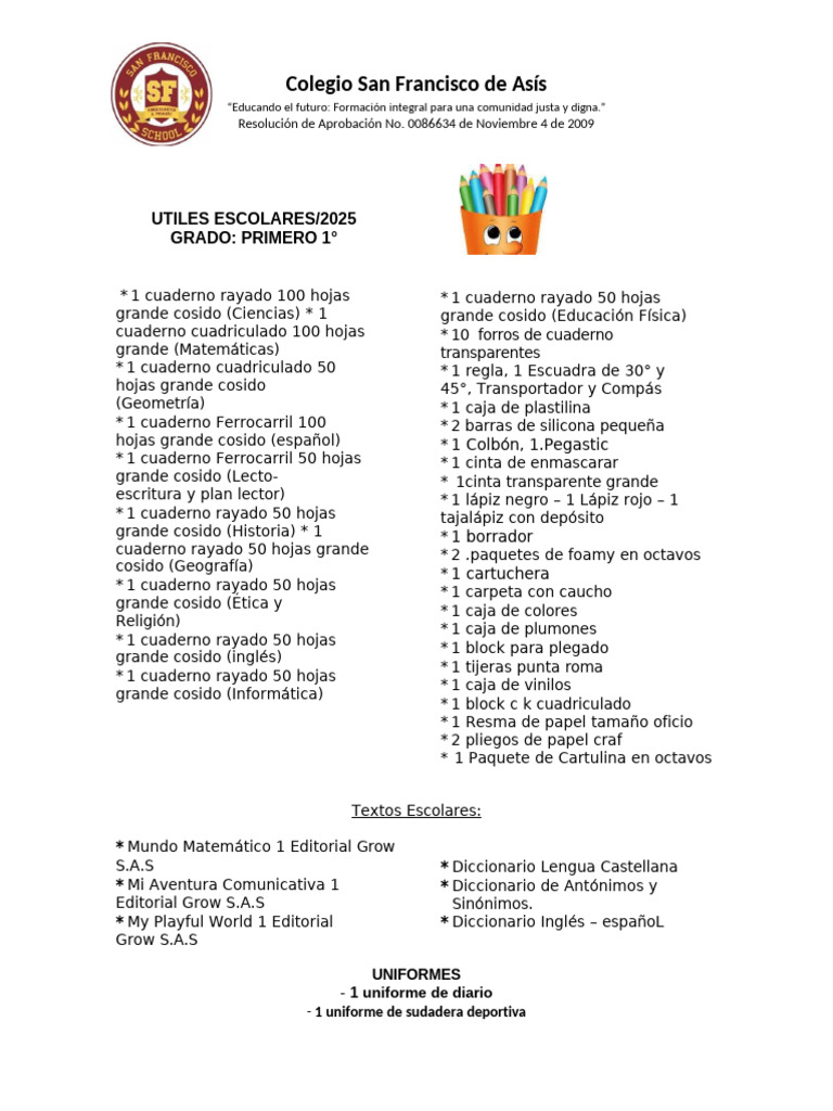 Lista de Útiles Escolares 2025 Primaria | PDF