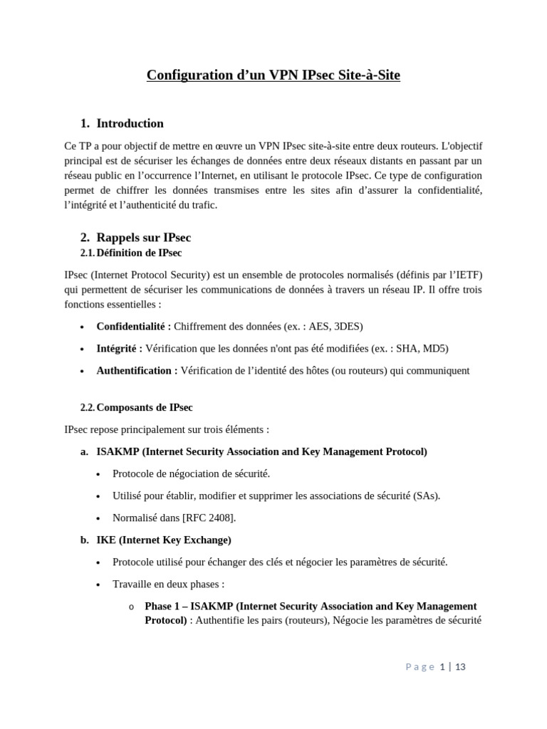 Configuration VPN IPsec Site-à-Site | PDF | Transmission des données ...
