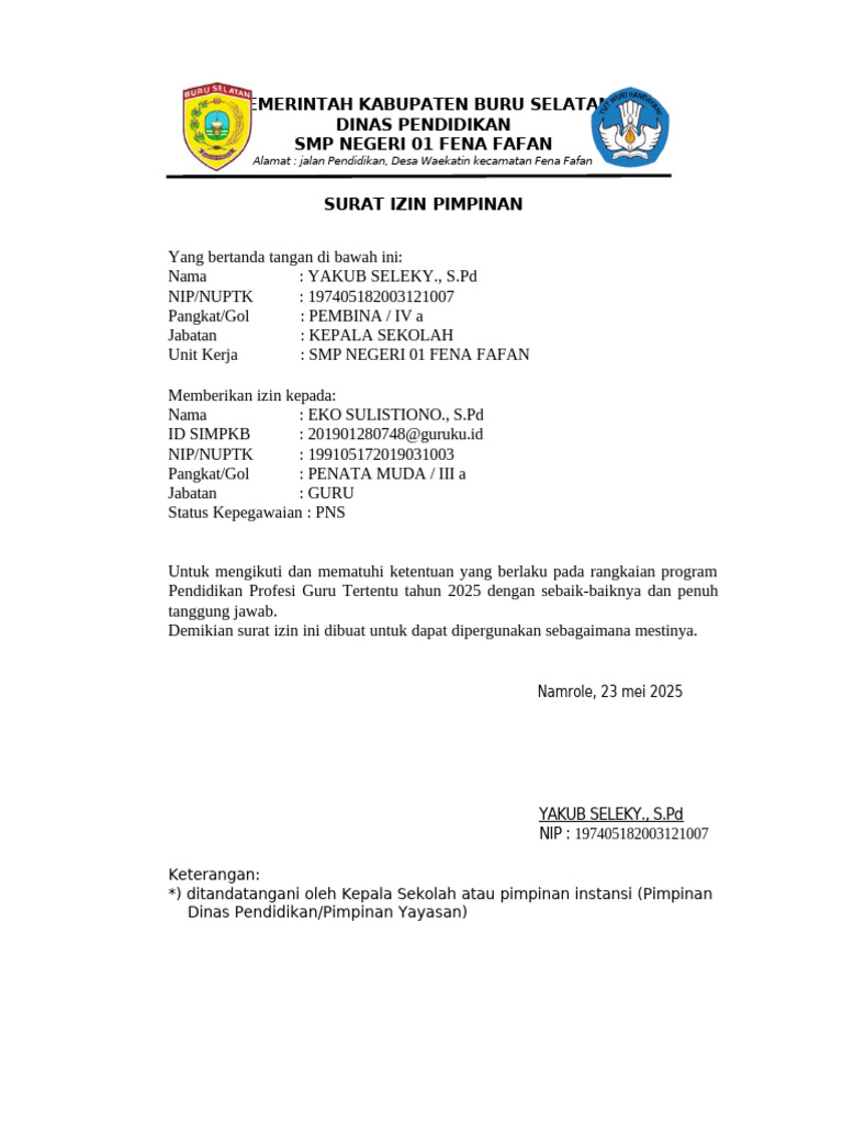 Surat Izin Guru untuk Program Pendidikan | PDF