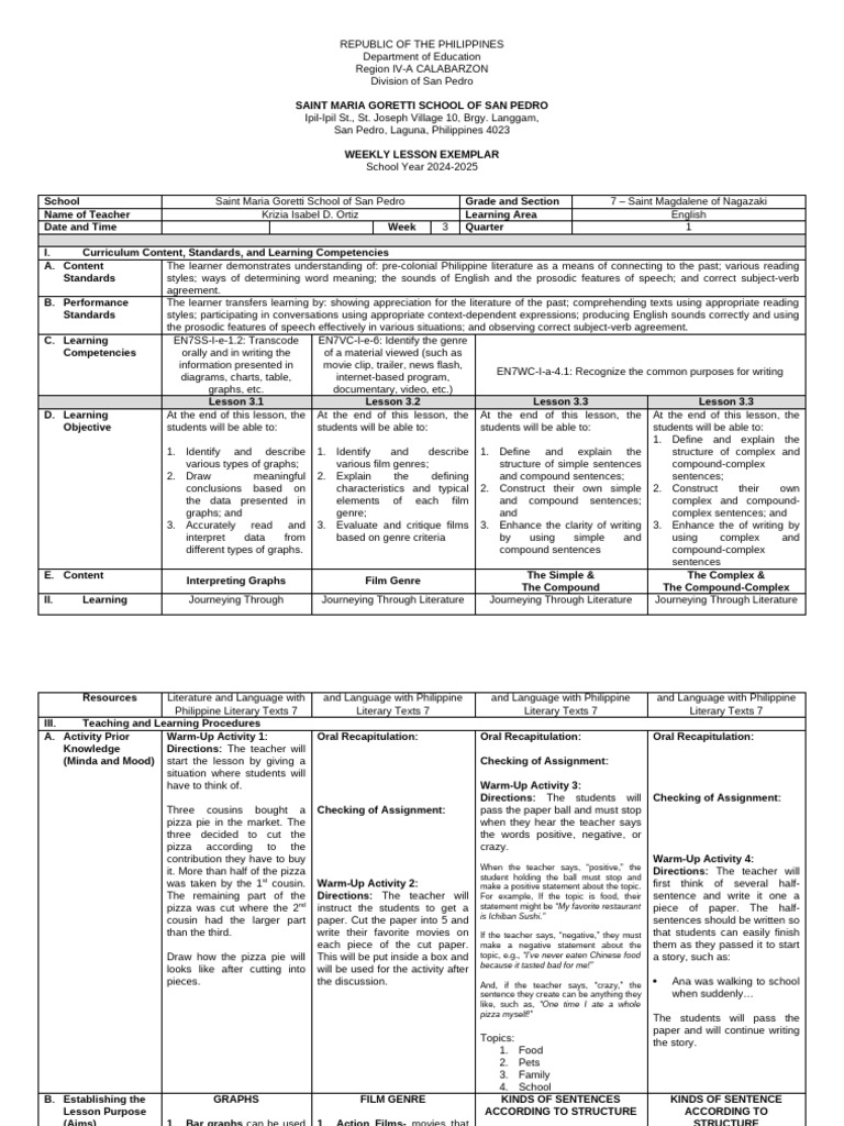 Grade 7 English Weekly Lesson Plan | PDF | Clause | Genre