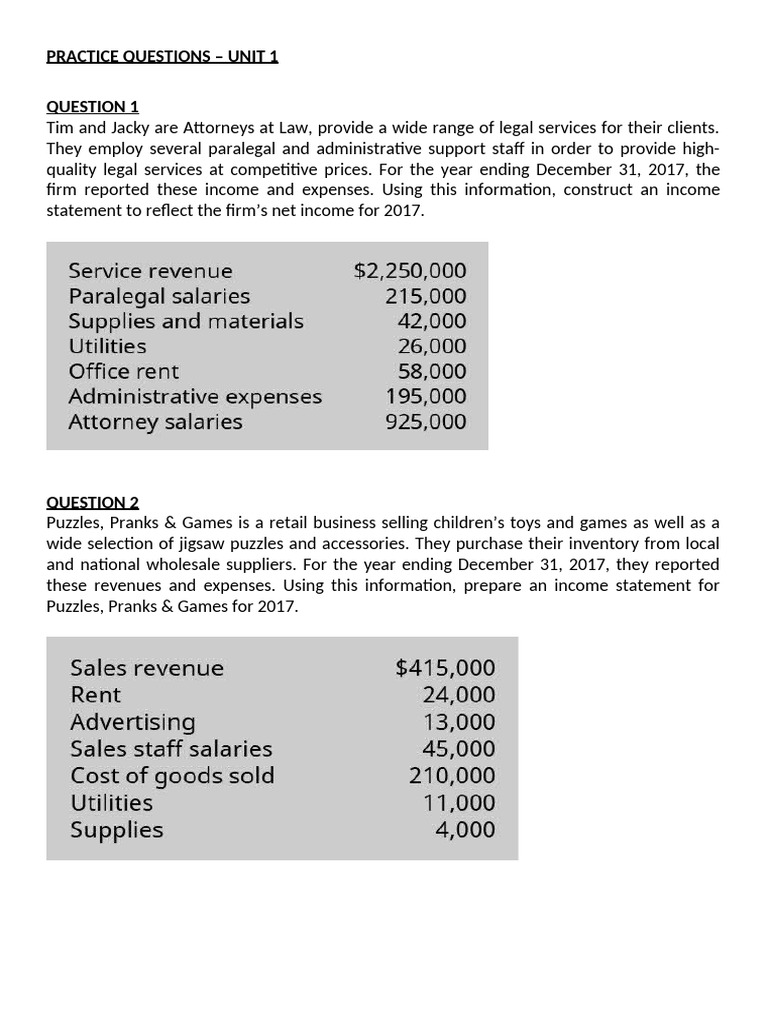 Income Statement Practice Questions 2017 | PDF | Cost | Financial ...