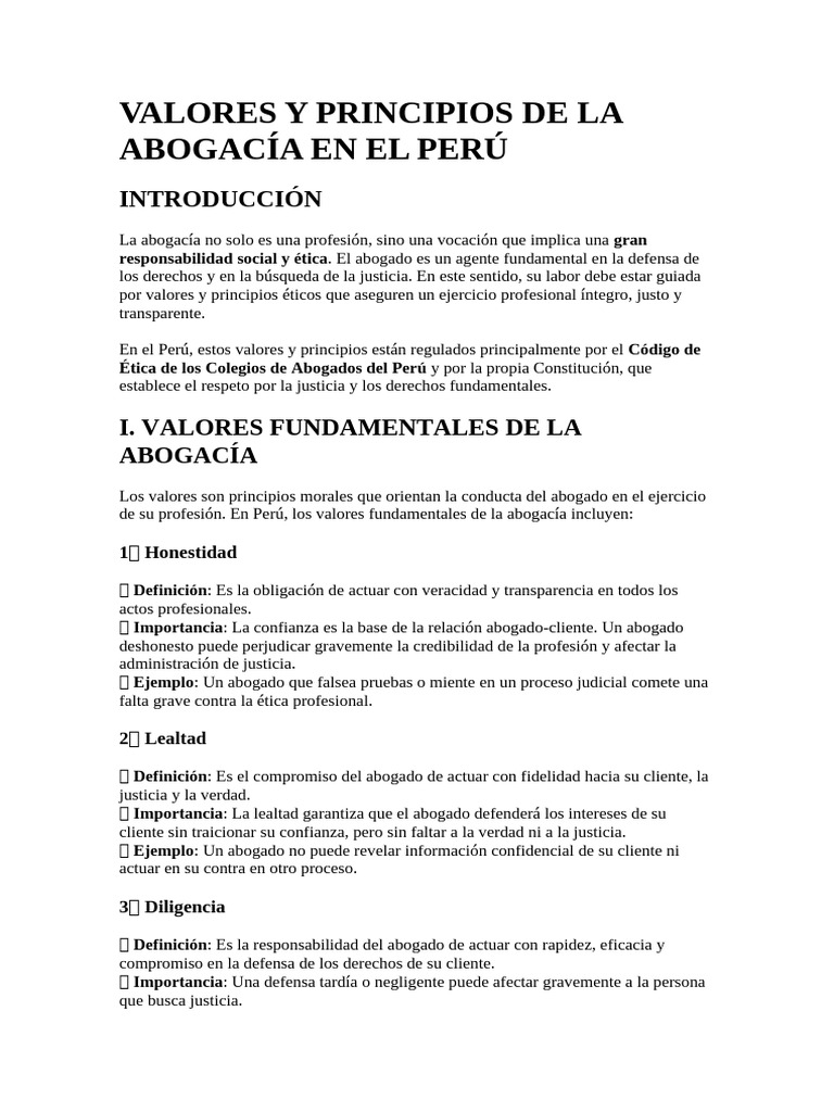 Valores y Principios de la Abogacía en Perú | PDF | Abogado | Justicia