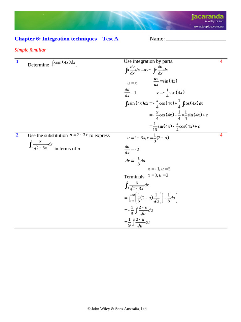 Integration Techniques Test A Guide | PDF | Integral | Mathematics