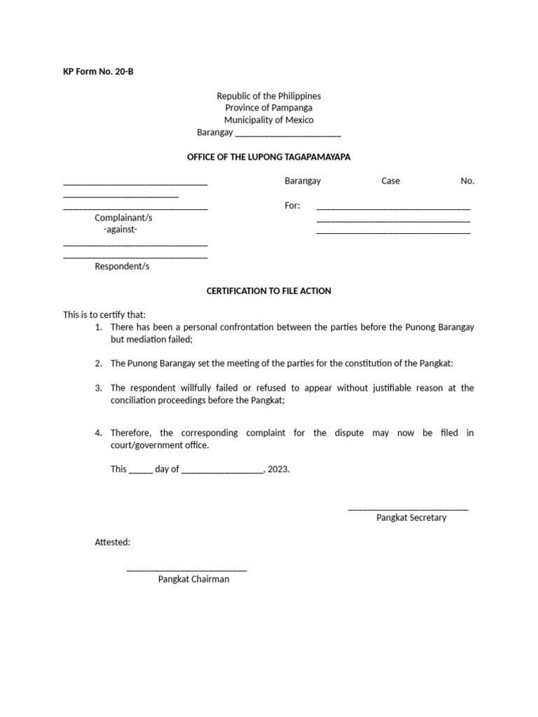Certification to File Action Form 20-B | PDF