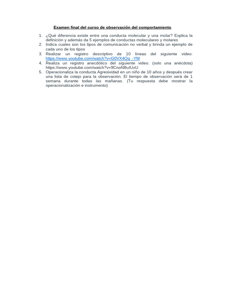 Examen Final Del Curso de Observación Del Comportamiento | PDF