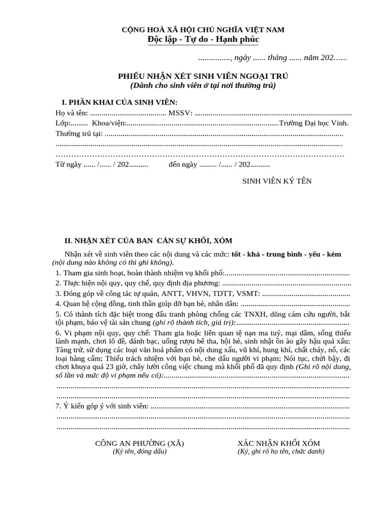 Mẫu-nhận-xét-ngoại-trú-(SV ở nhà) | PDF