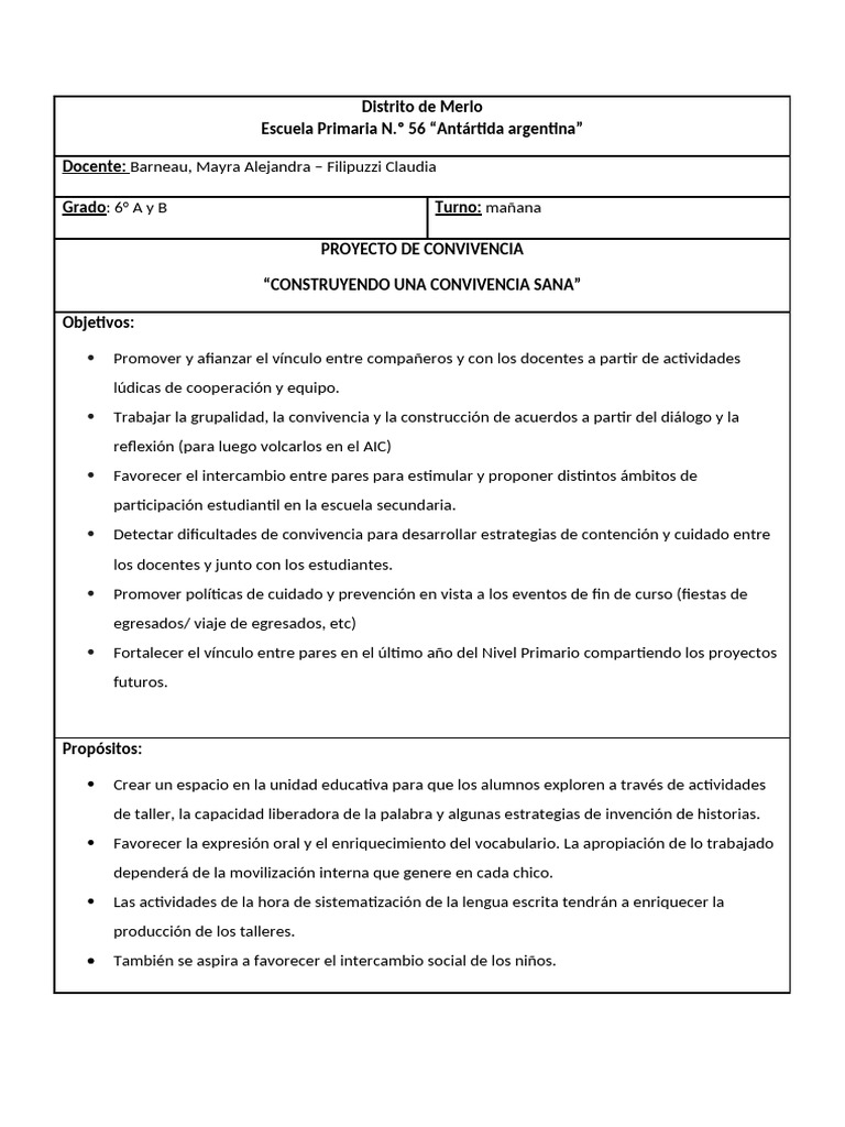 Proyecto de Convivencia Escolar 6° A y B | PDF | Enseñando | Escuelas