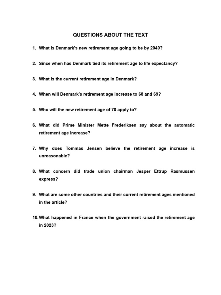 Questions About The Text - Denmark Raise Retirement | PDF