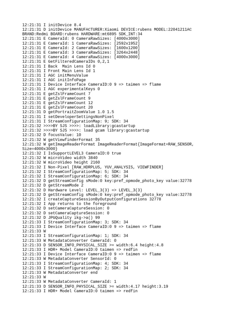 Xiaomi Redmi Camera Initialization Logs | PDF | Computing