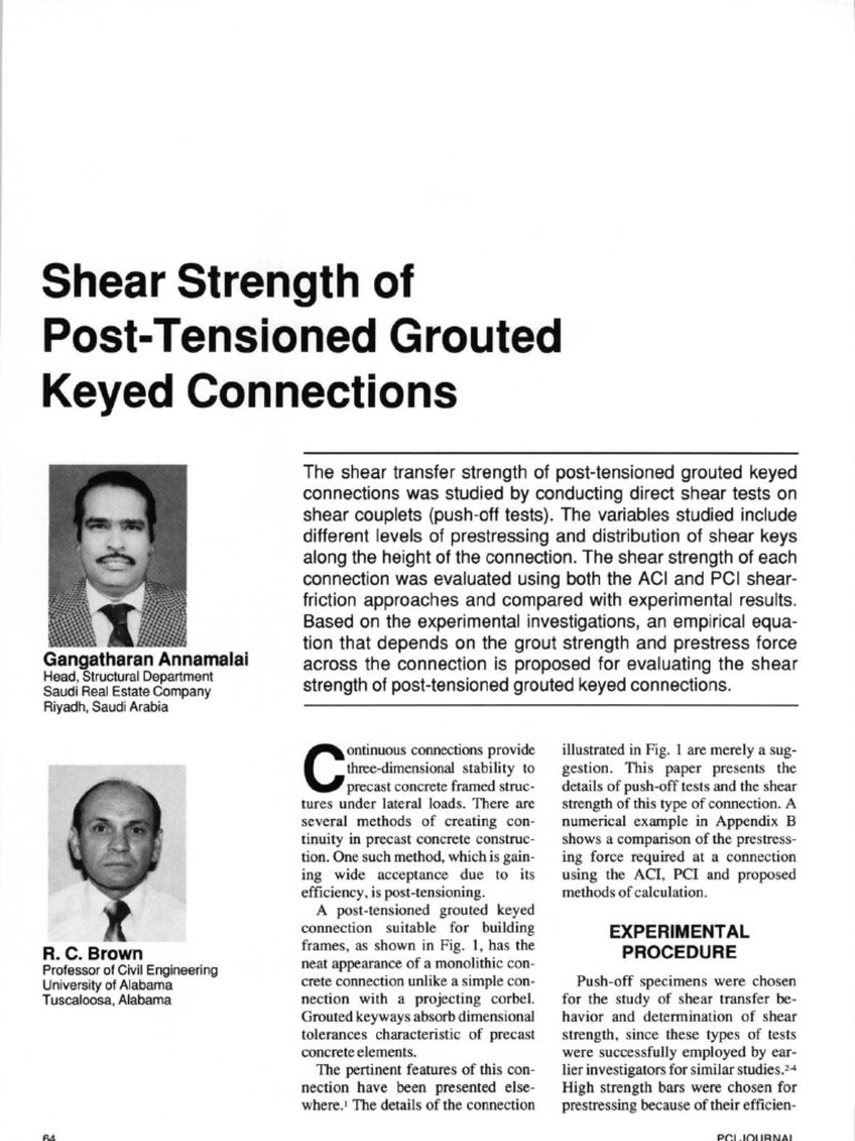 Shear Strength of Post Tensioned Grouted Key Connections | PDF