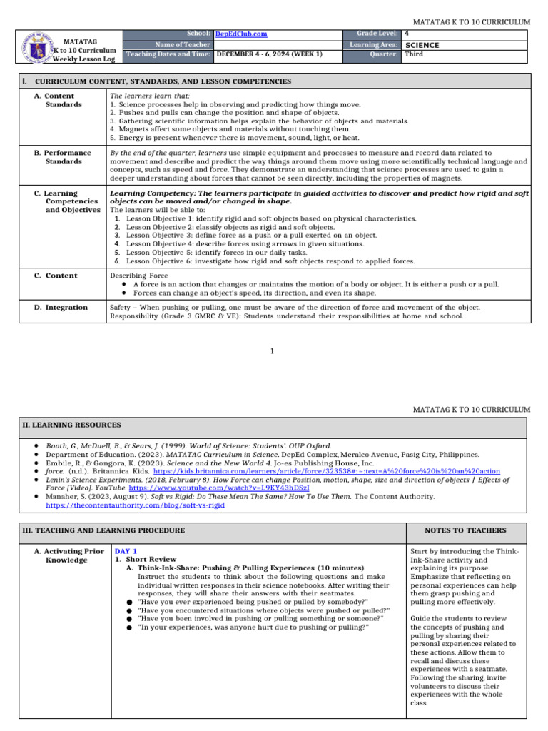 K-10 Science Lesson Plan: Forces and Motion | PDF | Force | Learning