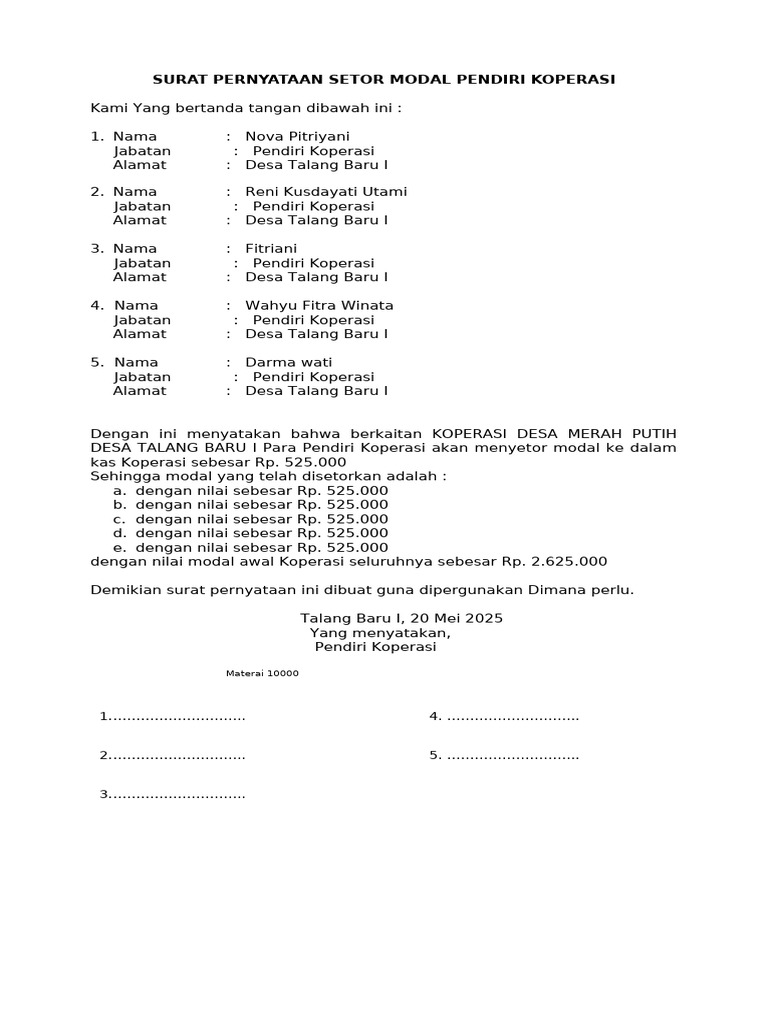 Surat Setor Modal Koperasi Talang Baru | PDF