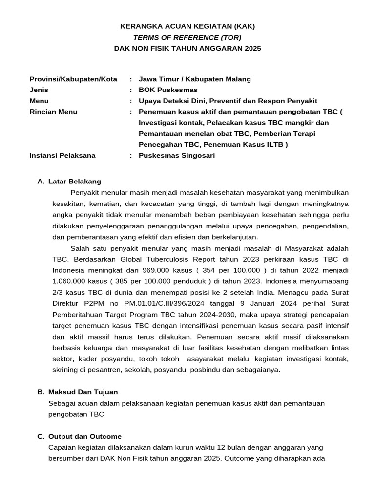 KAK - TOR Penemuan Kasus Aktif Dan Pemantauan Pengobatan TBC | PDF