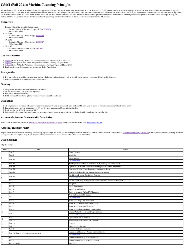 CS461: Machine Learning Principles Fall 2024 | PDF | Machine Learning ...