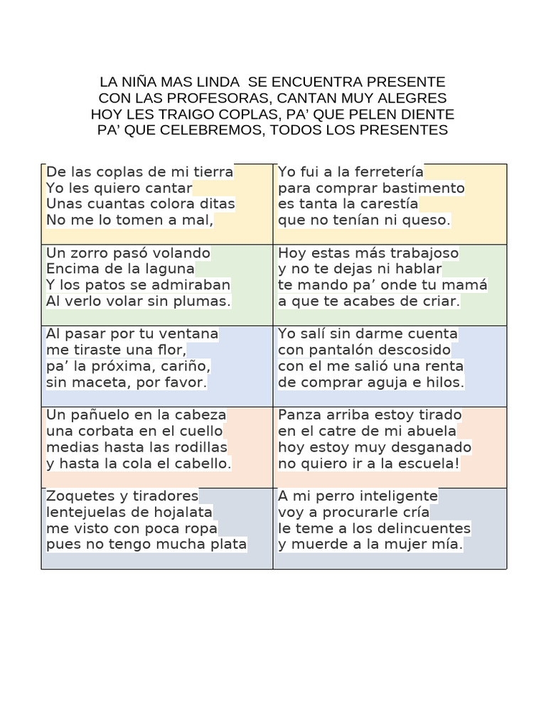Coplas Chistosas para Niñas | PDF