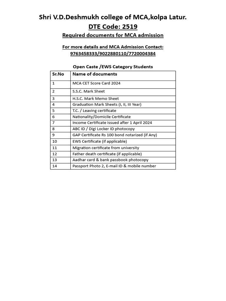 Mca Admission Document Requirements Pdf