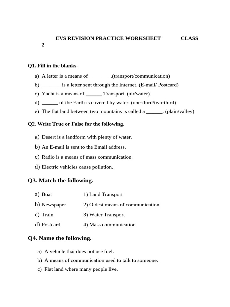 EVS Revision Worksheet for Class 2 | PDF