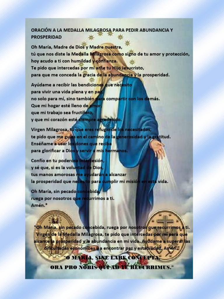 ORACIÓN A LA MEDALLA MILAGROSA PARA PEDIR ABUNDANCIA Y PROSPERIDAD | PDF
