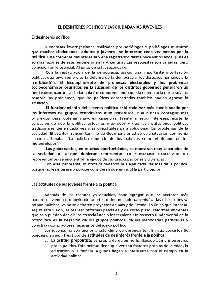 Ficha - El Desinterés Político y Las Ciudadanías Juveniles | PDF ...