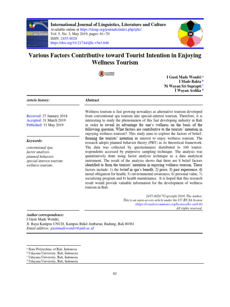 Various Factors Contributive Toward Tourist Intention in Enjoying | PDF ...