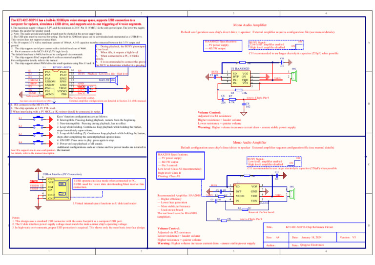 KT142C Voice Chip Reference Schematic-SOP16 - V5 | PDF | Usb | Amplifier