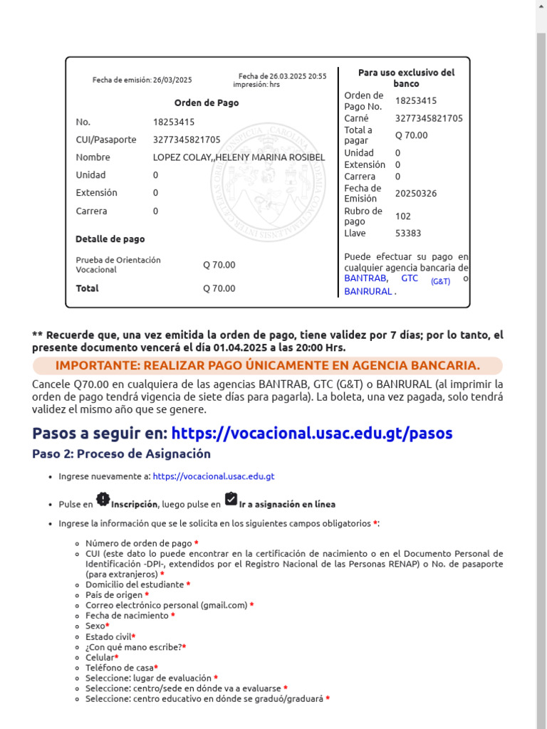 Instrucciones para Pago y Asignación de Prueba | PDF