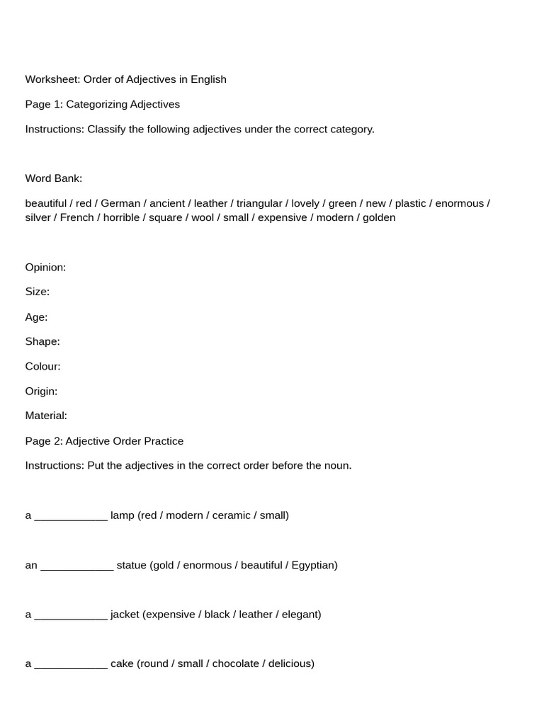 Order of Adjectives Worksheet | PDF | Adjective | Linguistics